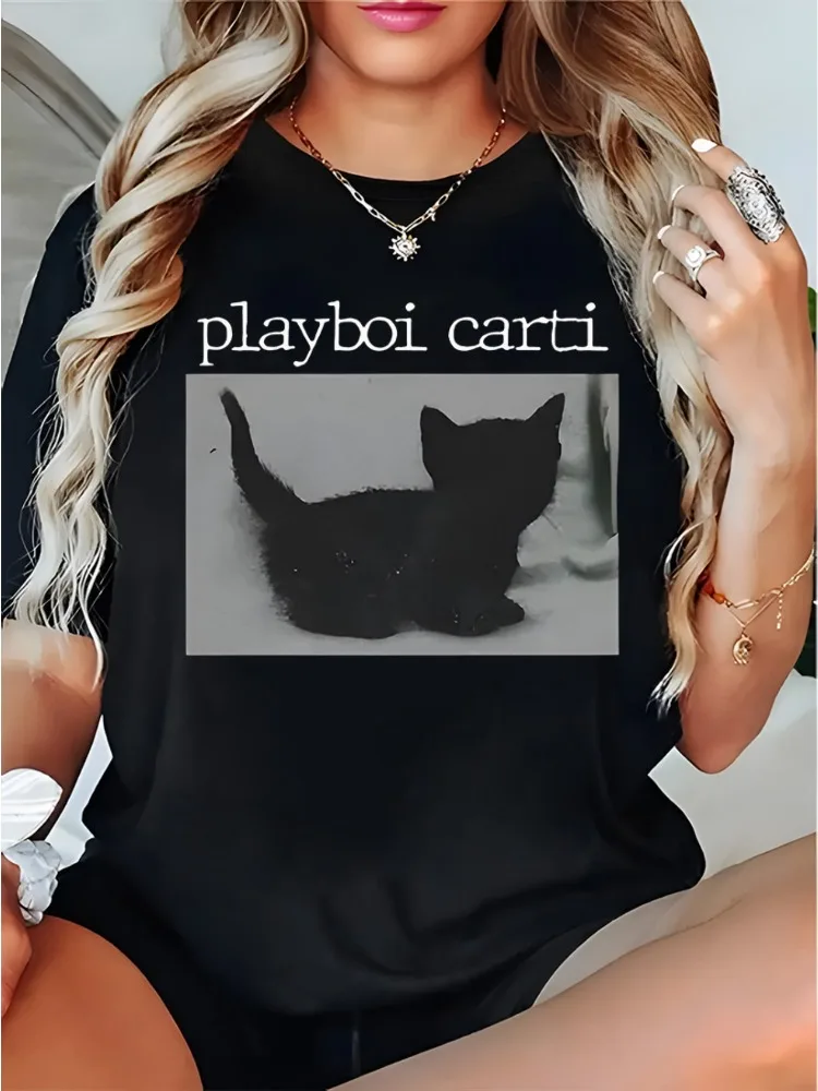 Damen-T-Shirt mit Y2K-Retro-Print, süßer schwarzer Katzen-Print, atmungsaktiv, Alltags-Top, Street-Style, Baumwolle, kurzärmelig, verspieltes Design