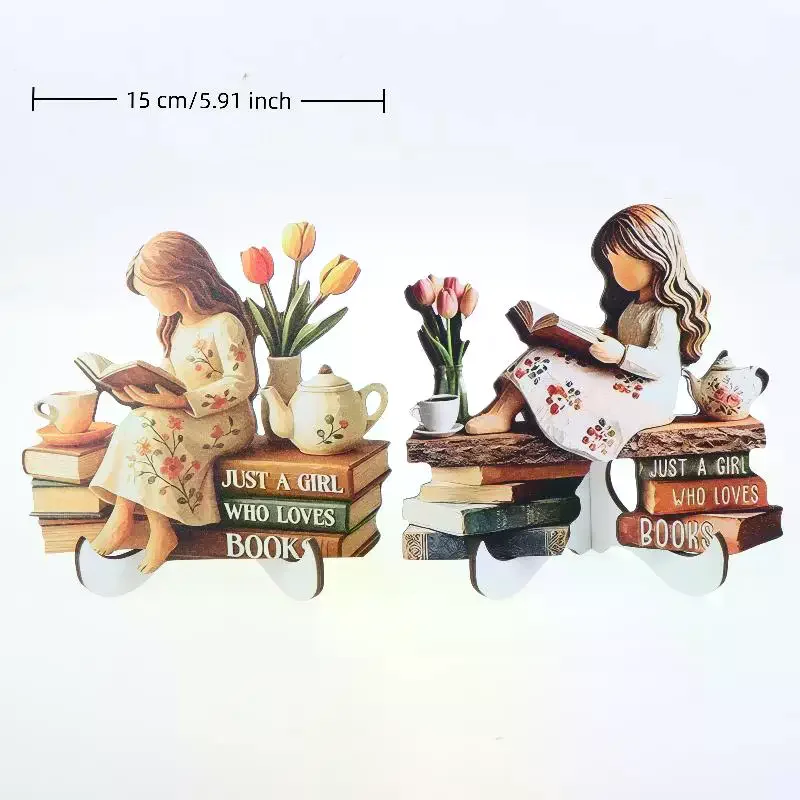 Reading Girl Figurine Creative Reading Magic Family 2D Wooden Craft Home Desktop Atmosphere-Enhancing Study Room Decoration