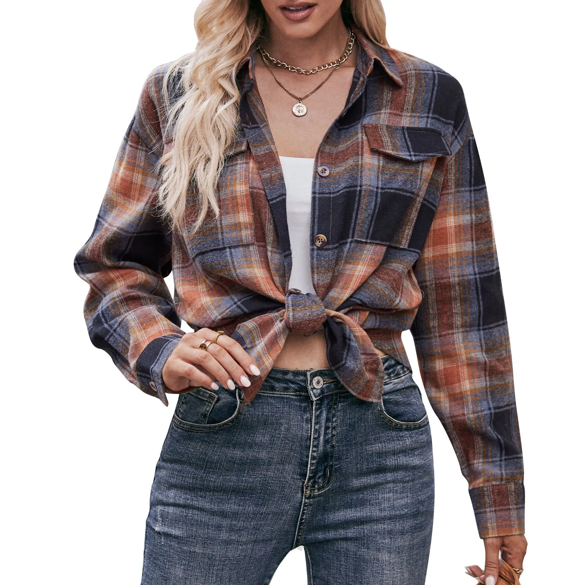 YJKDYK 2024 Spring Autumn Women Plaid Shirt Leisure Oversize Long Sleeve Tops Female 2 Pocket Lapel Blouses Women\'s Clothing