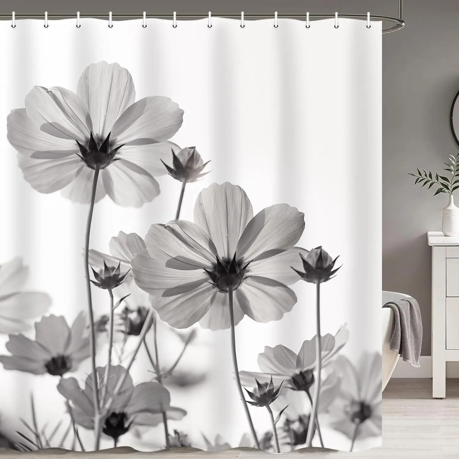 Waterproof Floral Botanical Shower Curtain Black and White Monochrome Poppy Pattern Bath Decor Polyester Material for Modern Hom