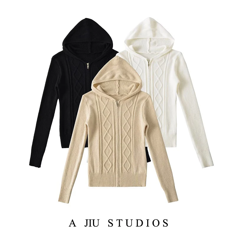 

American Retro Striped Zipper Hoodie Women's Autumn Winter Slim Fit Long Sve Sweater Coat Casual Commute Sle Faion