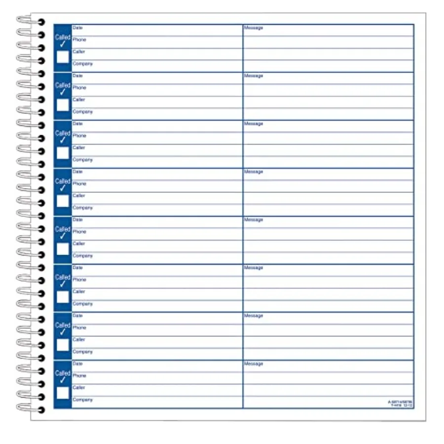 

Voice Mail Log 8 1/4 x 8 1/2 Inch Spiral Bound 120 Forms per Book White