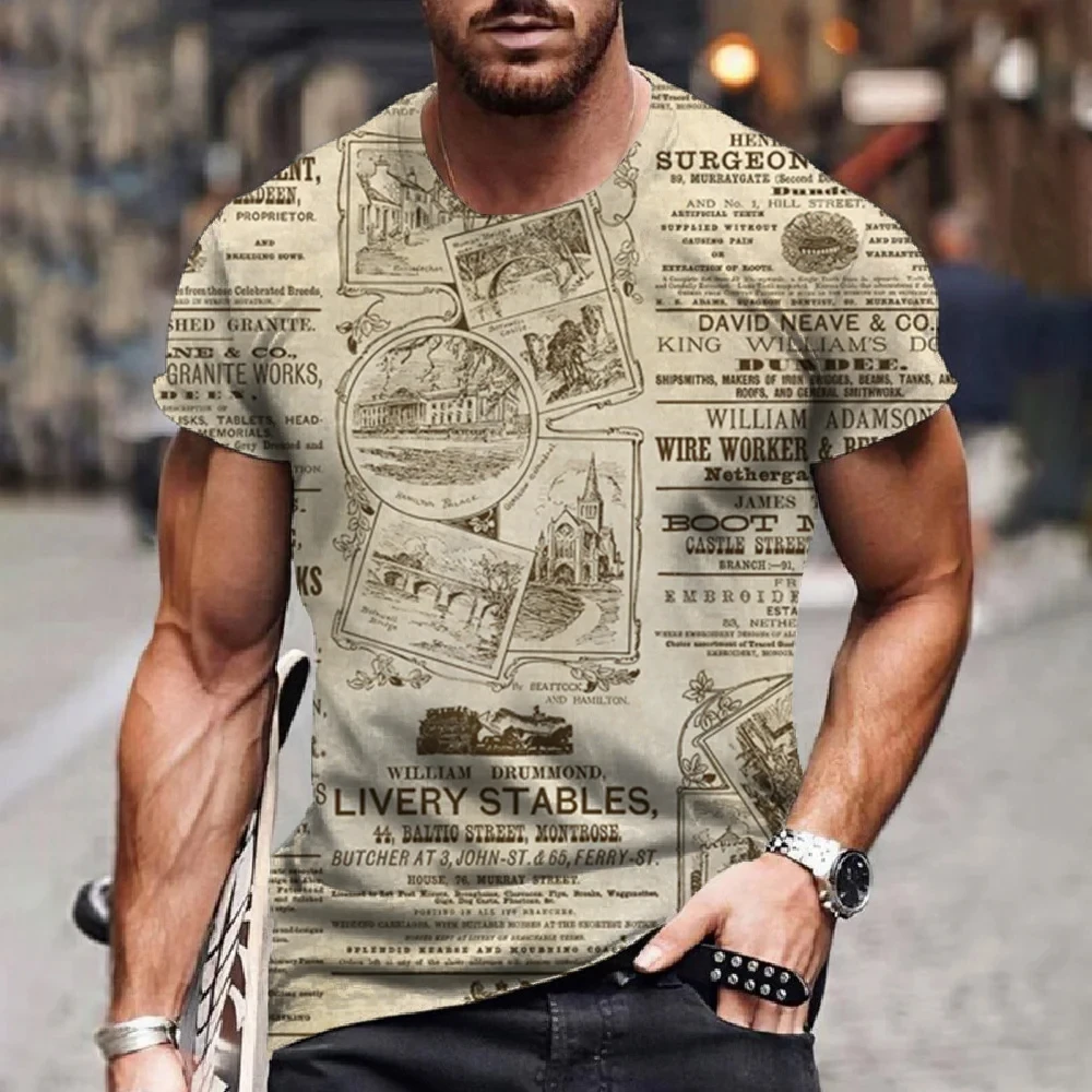 Classic Retro Old Newspaper Men's Printed T-shirt Casual Fashion Hip Hop Fun Loose Short Sleeve Street Trend Large Top