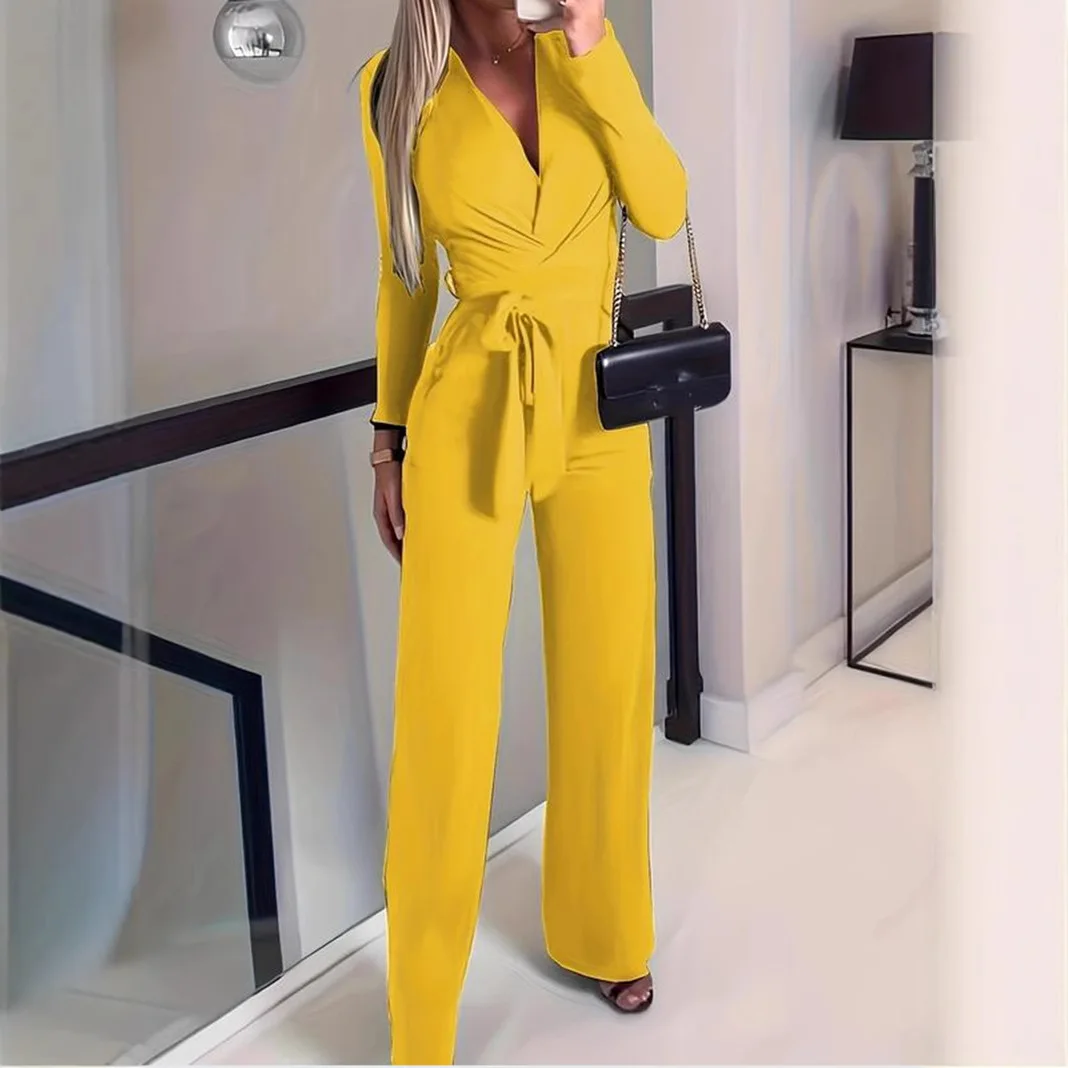 

Elegant Slim Fit Long Sleeved Jumpsuit Sexy V neck Lace up Waist Solid Color Casual Fashionable Collection