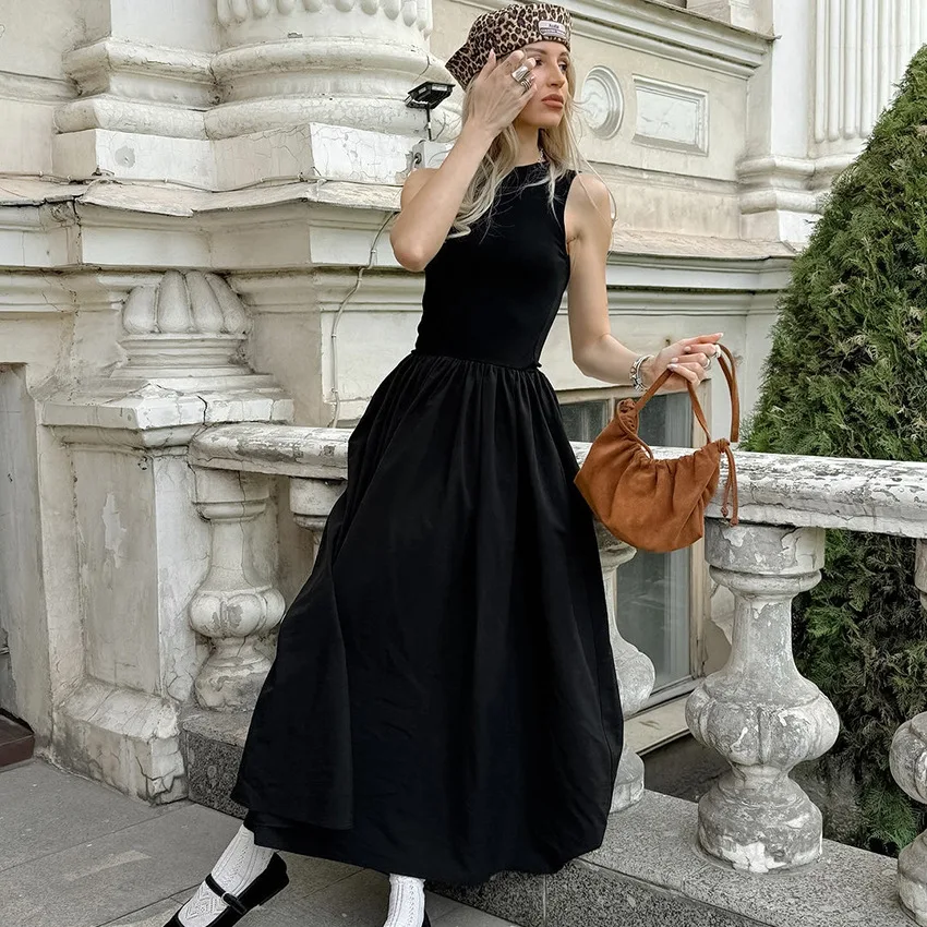 Modna dzianinowa długa sukienka bez rękawów jednokolorowa O-neck damska wiosna lato eleganckie sukienki Maxi w stylu vintage Lady odzież dojazdowa