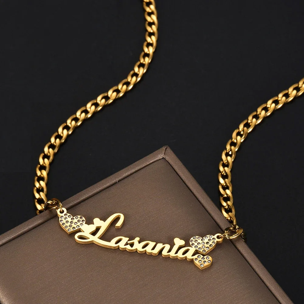 Diamon New Personalized Custom Name Necklace Stainless Steel Jewelry Heart Zircon Nameplate Cuban Chain for Women Jewelry Gift