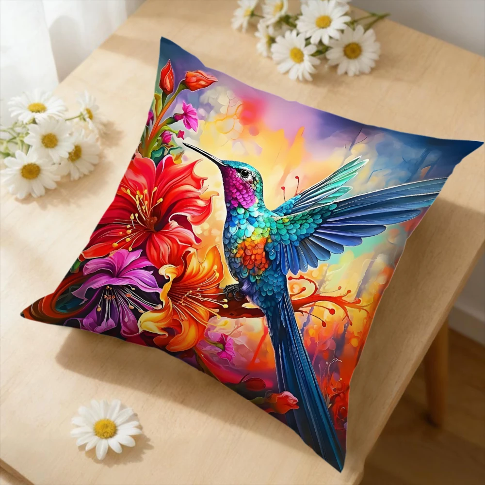 1pc Hummingbird Floral Print Cushion Cover Soft Breathable for Sofa Bedroom