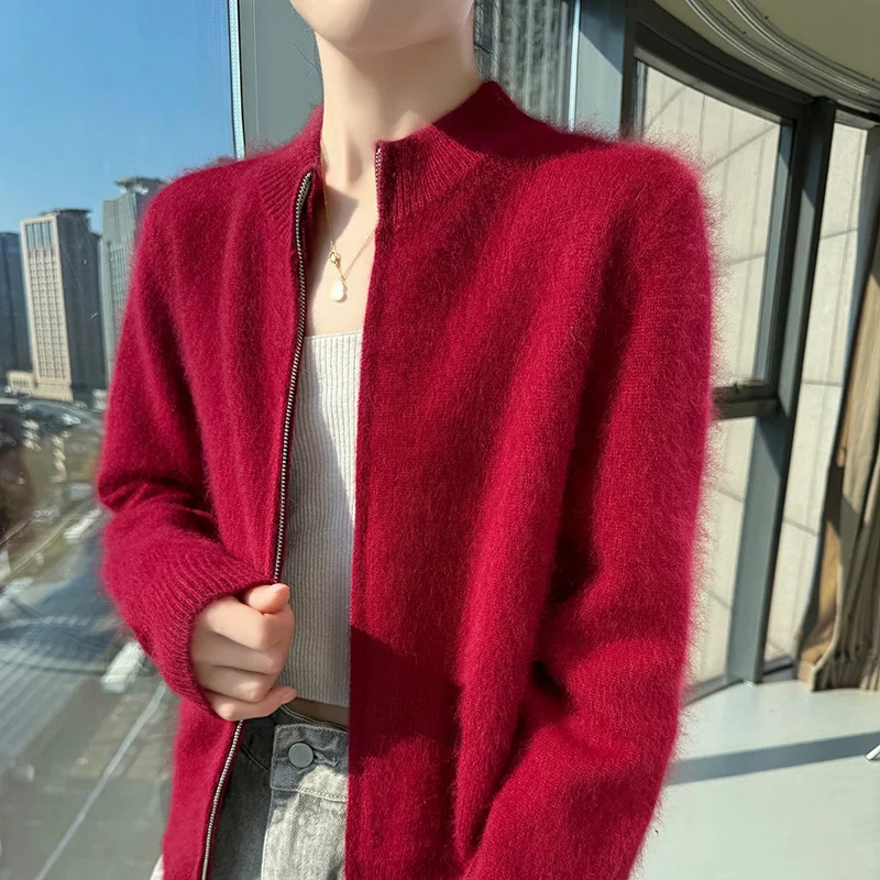 Cardigan con cerniera in lana di visone a maniche lunghe autunno e inverno Top da donna in maglia di lana allentata tinta unita