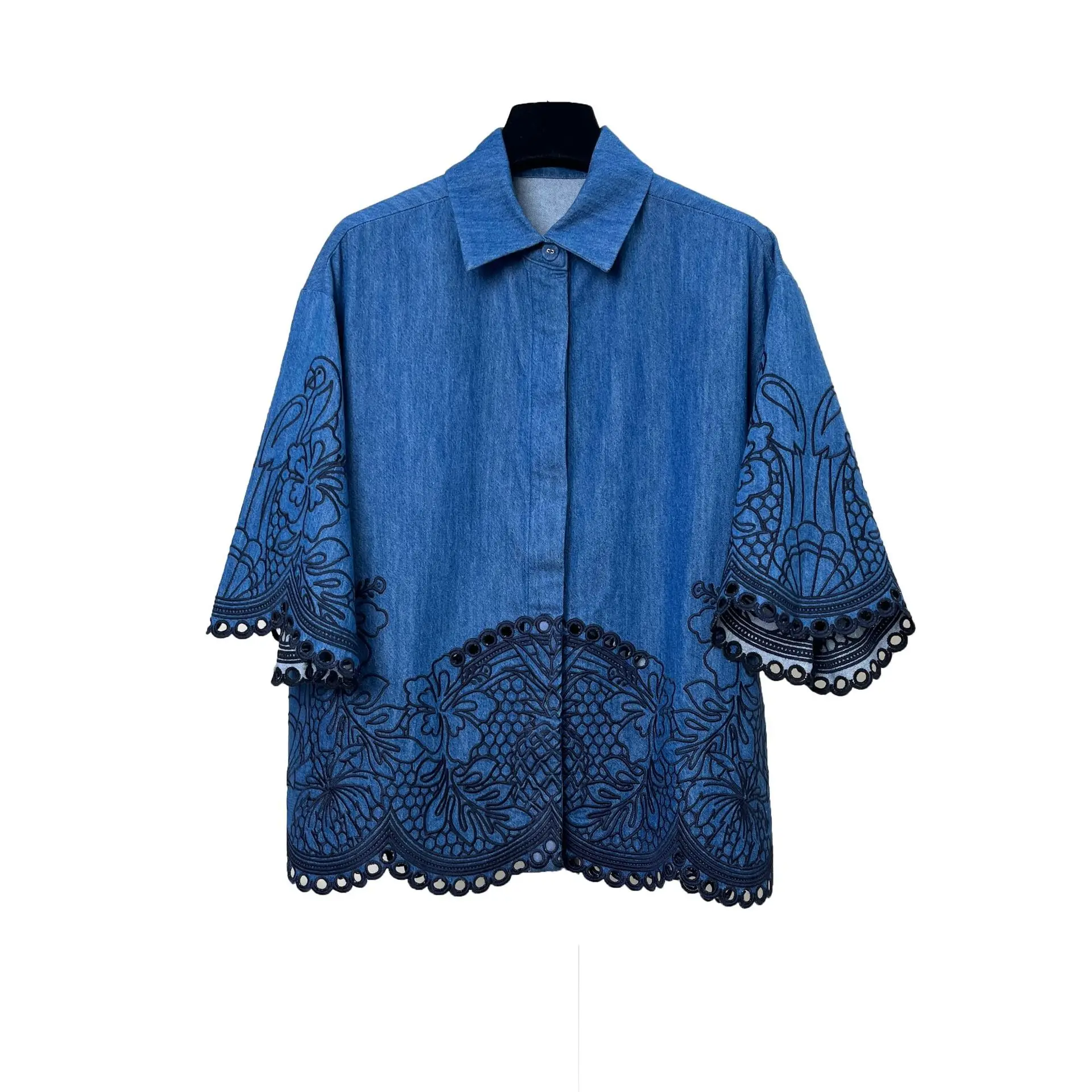 

Extrava Heavywork Embroidery Hollow out Cuff Hemline Loose Fit Denim irt Women's Cross-Border Faion Cotton irt