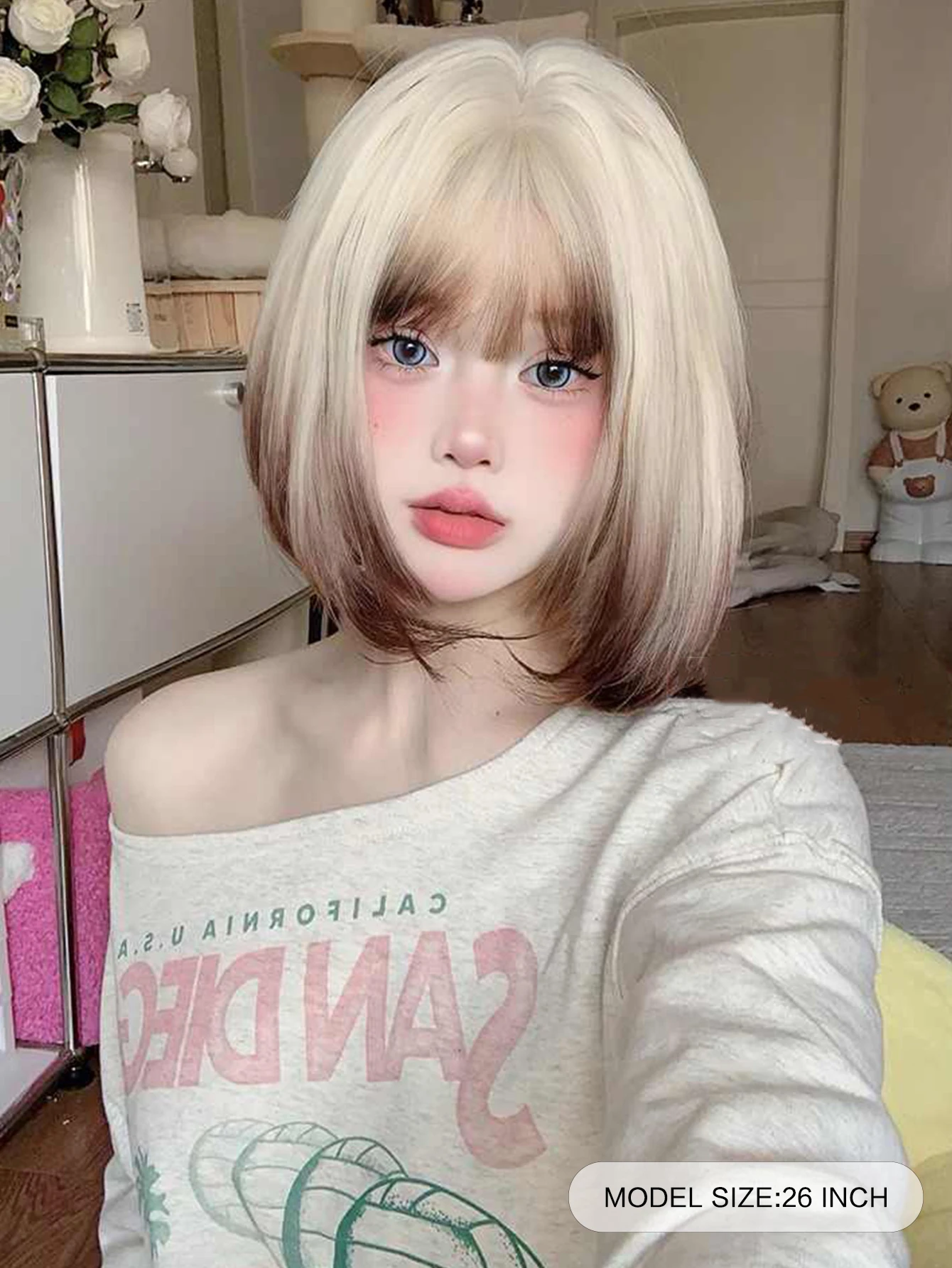 Ombre Blonde Brown Long Straight Synthetic Glueless Realistic Wigs with Bangs Caput Medusae 20 inch Cosplay Wig for Women High