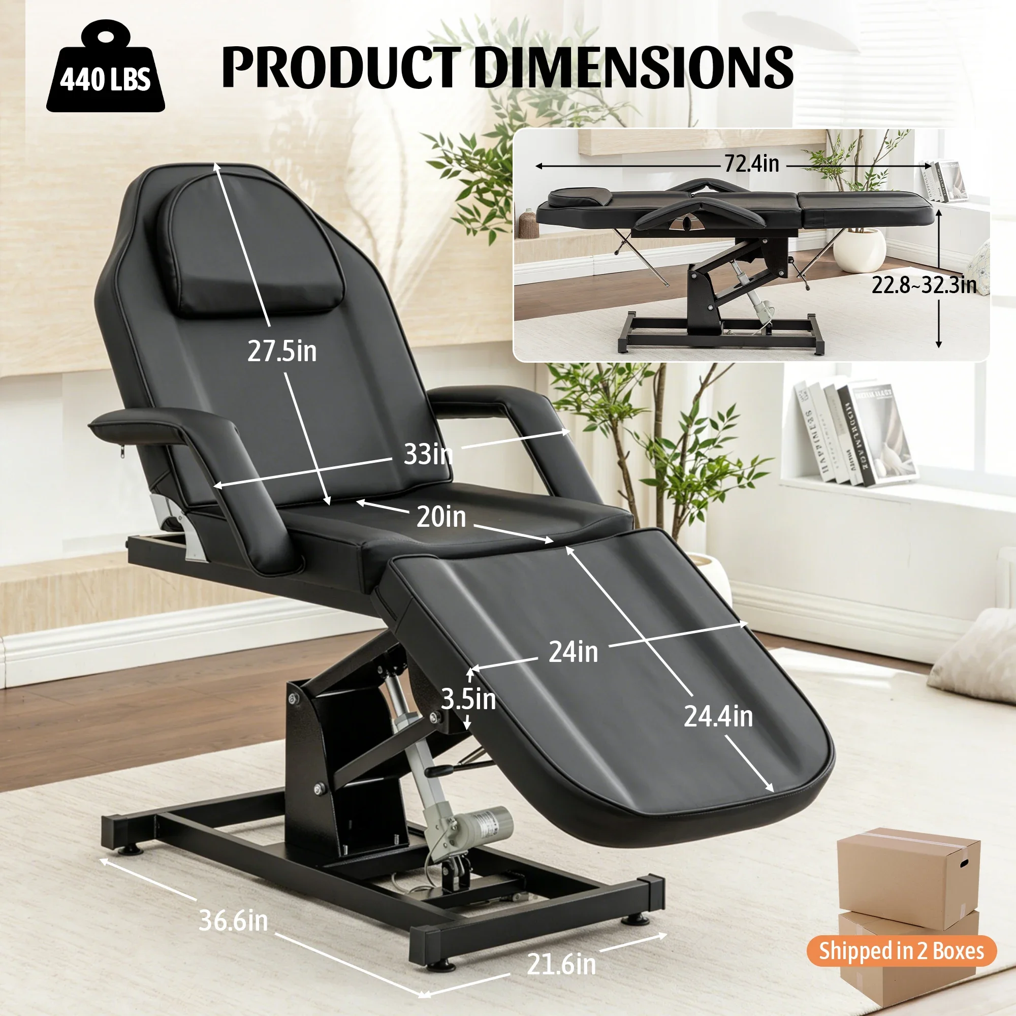 Electric Height Adjustable Massage Table 3-Section Folding,Professional Electric Lift Treatment Bed with Reclining Backrest & Headrest,Sturdy Steel Frame Beauty Treatment Couch,  Beauty Spa Lash Bed for Eyelash Extensions Salon Equipment Barber Chair Salo