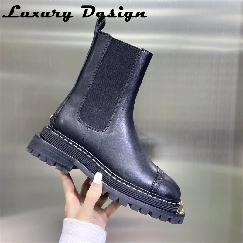 Natural Leather Ankle Boots Women Thick Sole Round Toe Casual Shoes Quality Leather Platform Short Boots Designer Brand Shoe