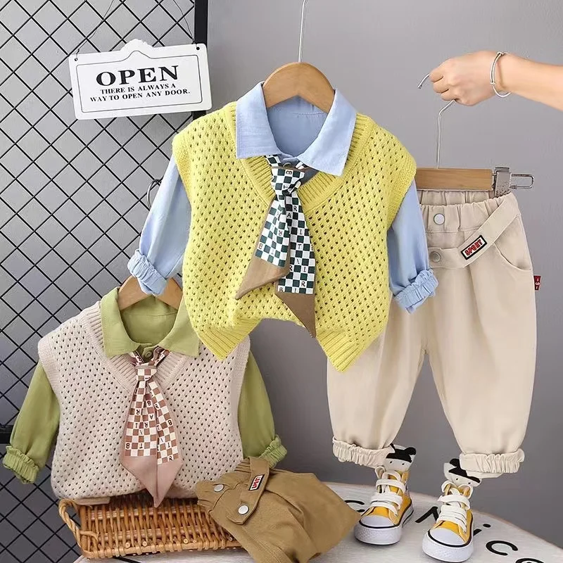 

Boys Clothes Sets Spring Autumn Children Knitted Vest Tie Shirts Pants 3pcs Party Suit For Baby Costume Kids Fashion Outfits1-5Y