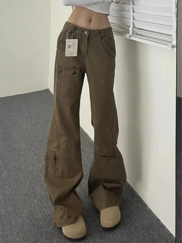 Jeans cargo retrò Jeans lavati kaki con fondo a campana Donna Estate American Streetwear Pantaloni elasticizzati slim larghi Jeans denim versatili