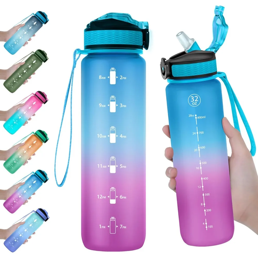 32 oz Water Bottle with Time Marker, Carry Strap, Leak-Proof Tritan BPA-Free, Ensure You Drink Enough Water for Fitness, Gym