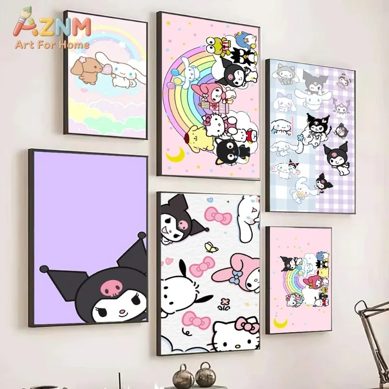 Sanrio Cute Cartoon Poster Cinnamoroll Kuromi Hello Kitty Rainbow Cloud Pastel Background Canvas Wall Art No Frame Girls Bedroom