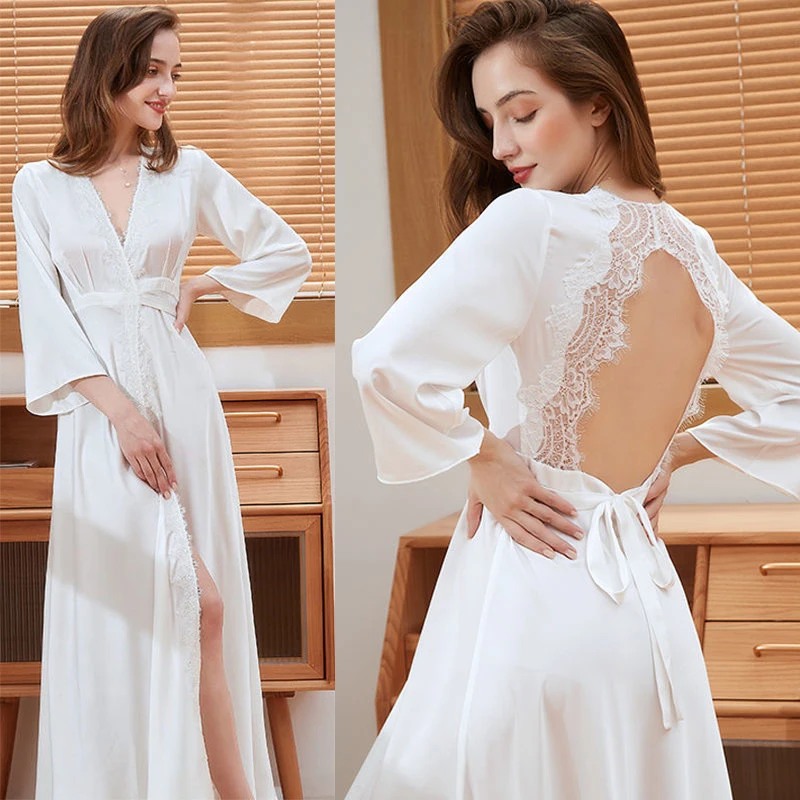 Female Rayon Long Kimono Bathrobe  Backless Lace Bride Wedding Robes Gown Marriage V-Neck Nightgown Sleepwear French Vestidos