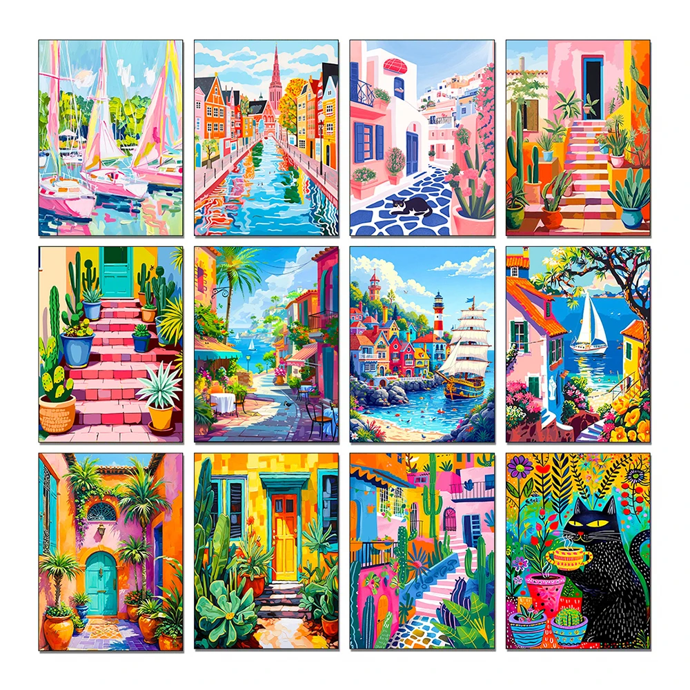 Bricolage diamant peinture coloré bâtiments de ville et plantes diamant mosaïque broderie Cactus photos bricolage décoration de la maison cadeaux