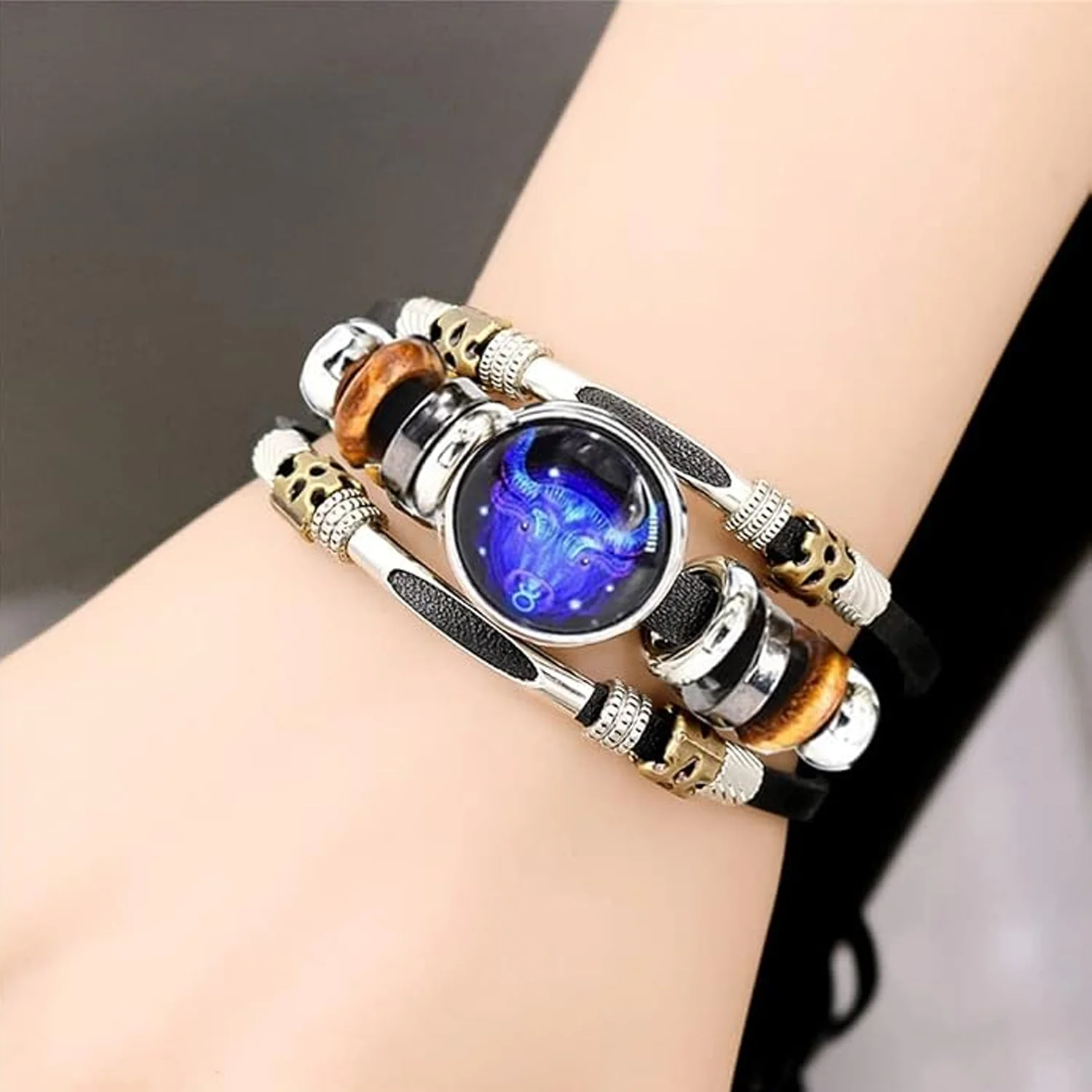 1/2pcs Multilayer Constellation Luminous Zodiac Leather Bracelet Handmade Wristband Couple Women Men Jewelry Glow in the Dark