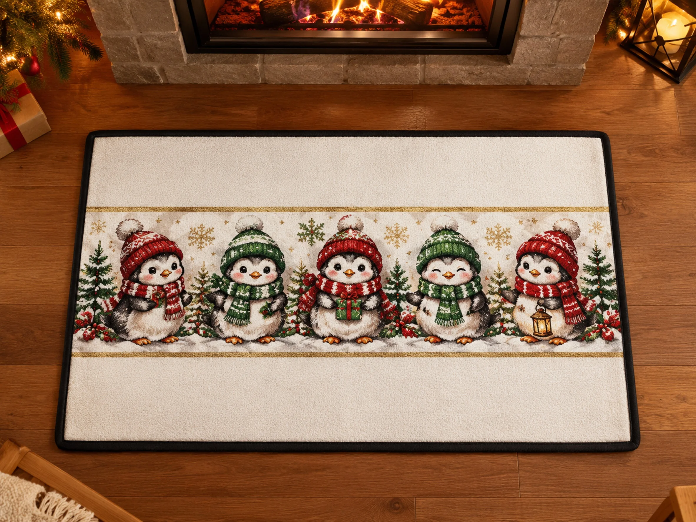 VIKAMA Christmas Gold White Penguin Flannel Door Mat, Anti-Slip Washable Xmas Rug, Xmas Decor for Mudroom, Farmhouse, Entryway