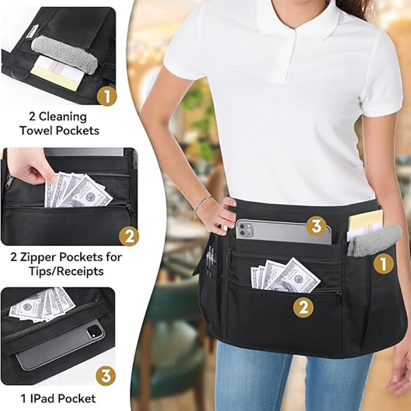 Oxford fabric waterproof apron bag for bartenders, restaurant waiters, half-length work apron, multi-pocket tool waist bag