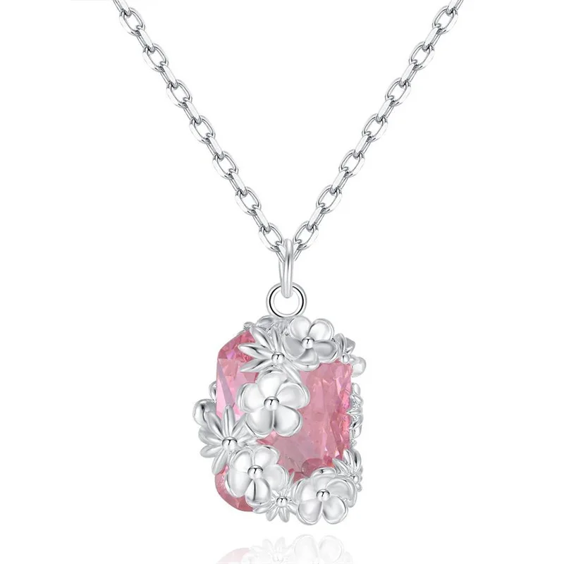 Fashionable and Minimalist Design Afternoon Tea Party Imitation Pink Gemstones Covered with Flower Eye-catching Pendant Necklace