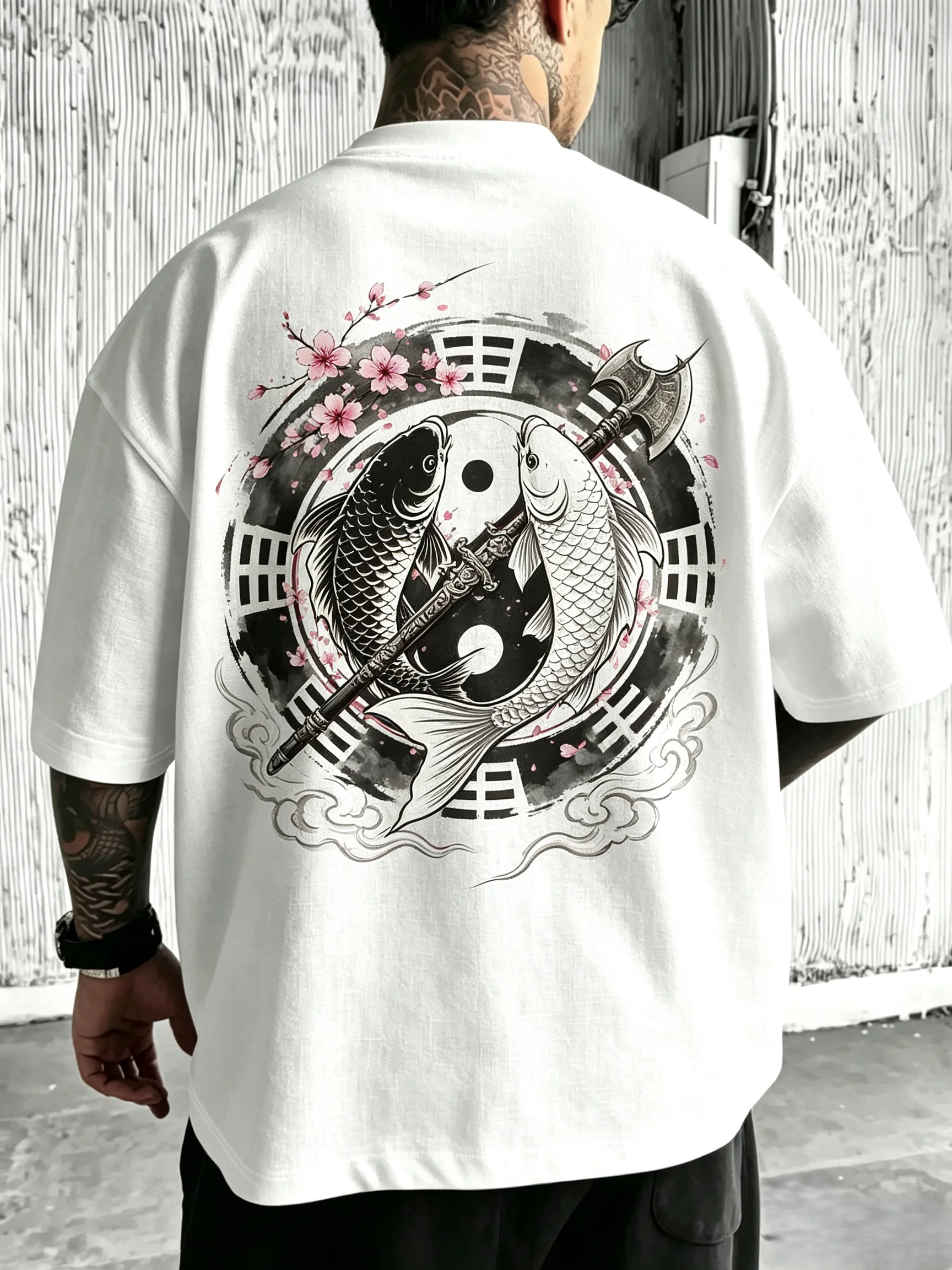 Unisex Oversized T‑Shirt Yin Yang Dual Koi Fish Battle Axe Bagua Cloud Ink Wash Sakura Oriental Back Print Hip Hop Streetwear Short Sleeve Tee Men Women