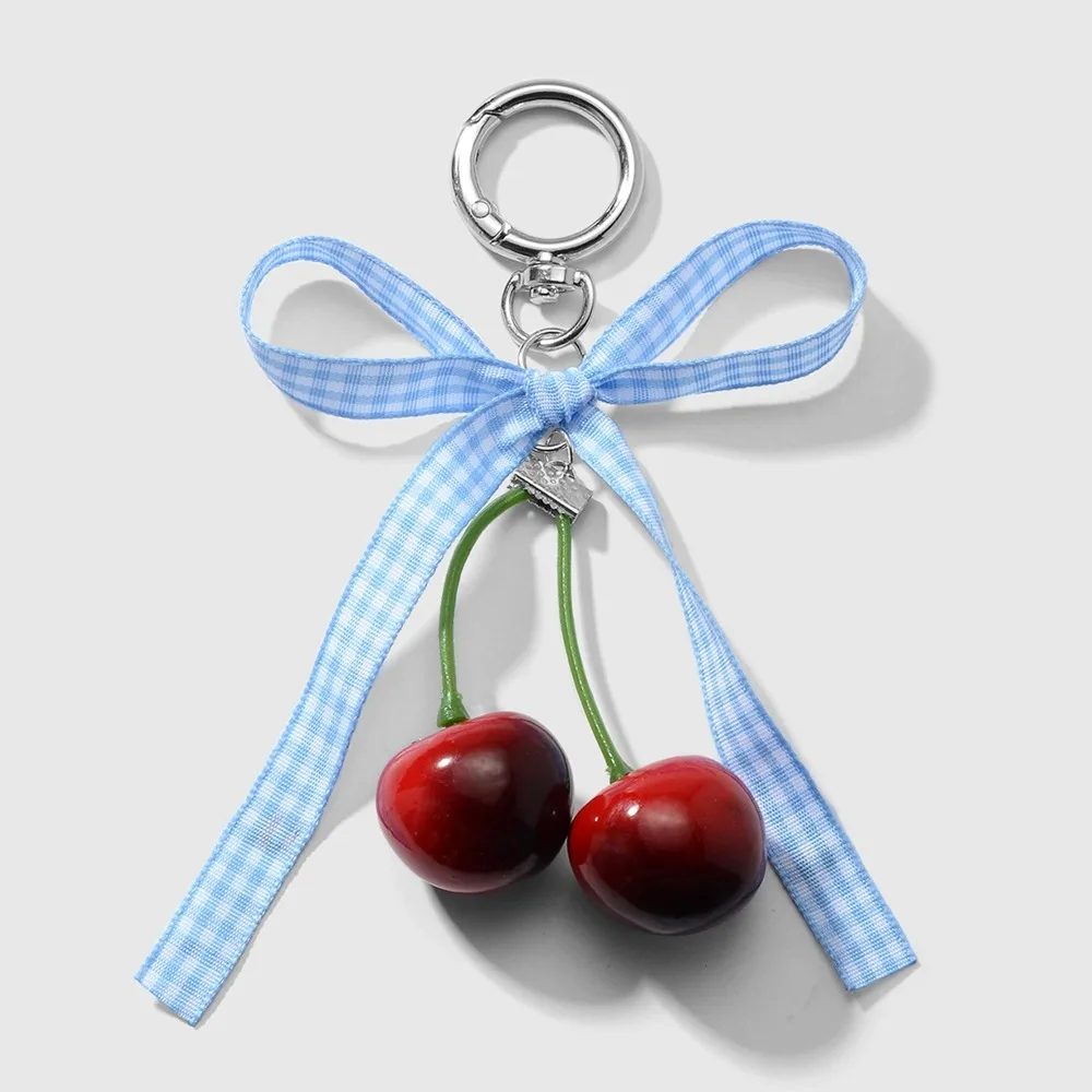 

Phone Charms Ribbon Bow Keychain Keyring Checkered Cherry Pendant Elegant Jewelry Ballet Style Pendant Gift Jewelry