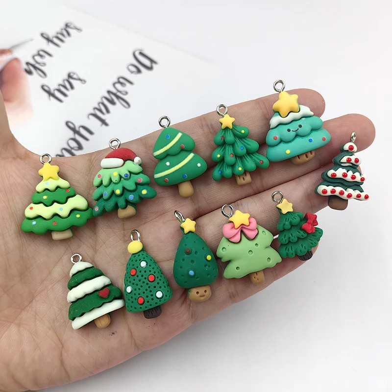 10pcs European Christmas Trees Charms for Jewelry Making Kawaii Resin Floating Pendants Diy Earring Keychain Finding C1444