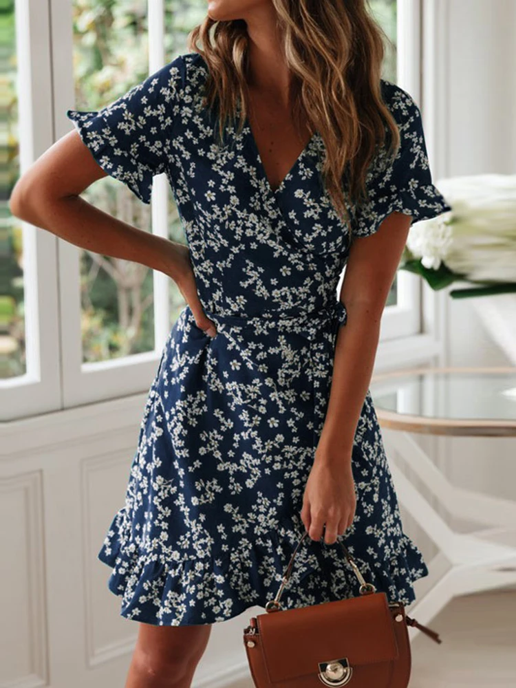 

Sexy V Neck A Line Boho Summer Mini Dress Floral Print Women Beach Ruffle Short Sleeve Wrap Sundress Robe Green Blue