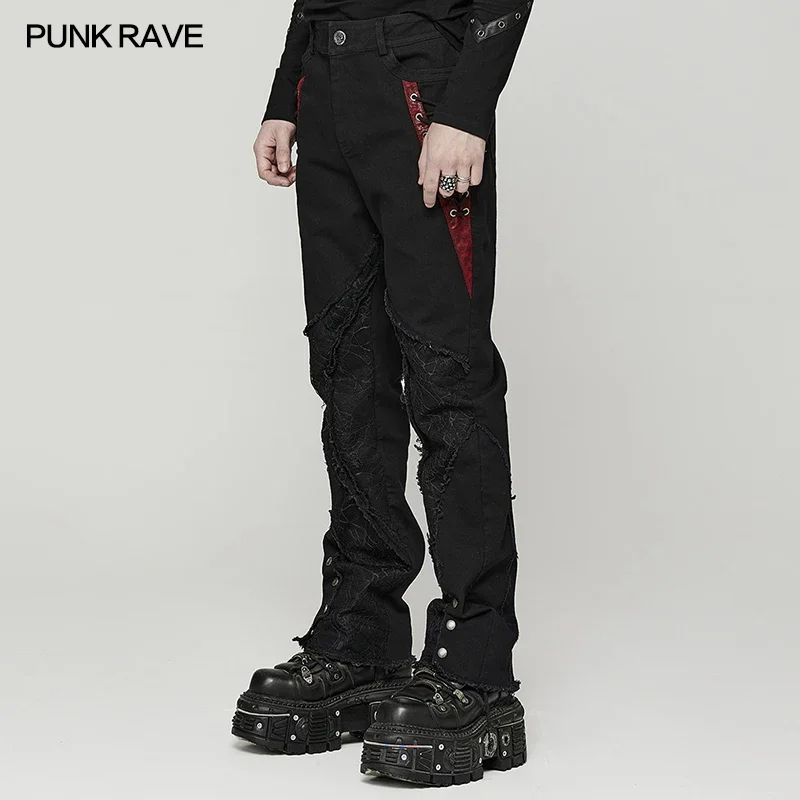 PUNK RAVE Men\'s Punk Cool Personality Spider Mesh Pants Gothic Irregularly Divided Casual Raw Edge Black Denim