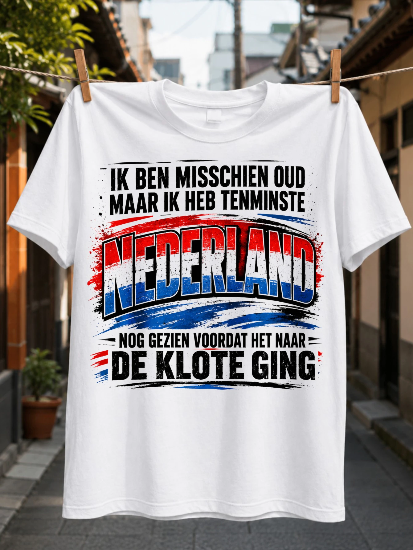 Curved Dutch Nederland with Red Blue Letter Fill Rough Brush Strokes and Bold Ik Ben Misschien Oud  Unisex All T-Shirt