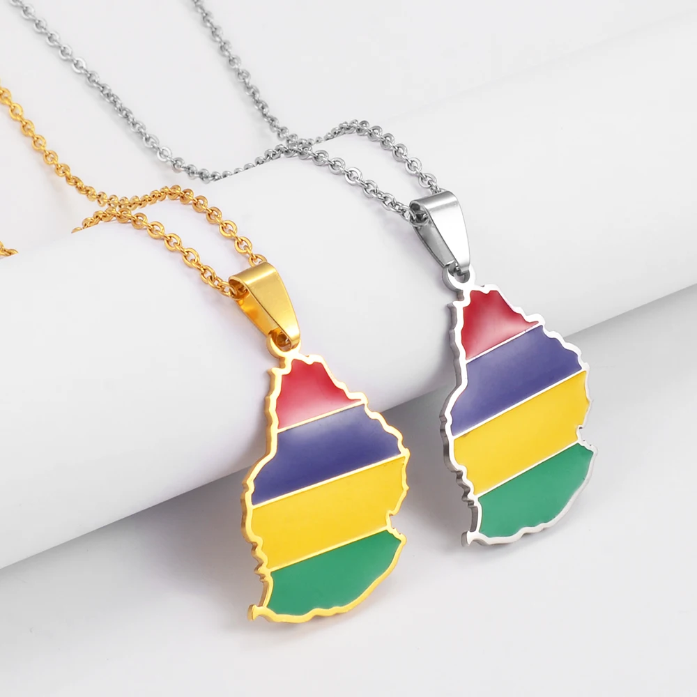 Anniyo Mauritius Map Flag Charm Pendant Necklaces for Women Men Mauritius Africa Stainless Steel Jewelry @298721