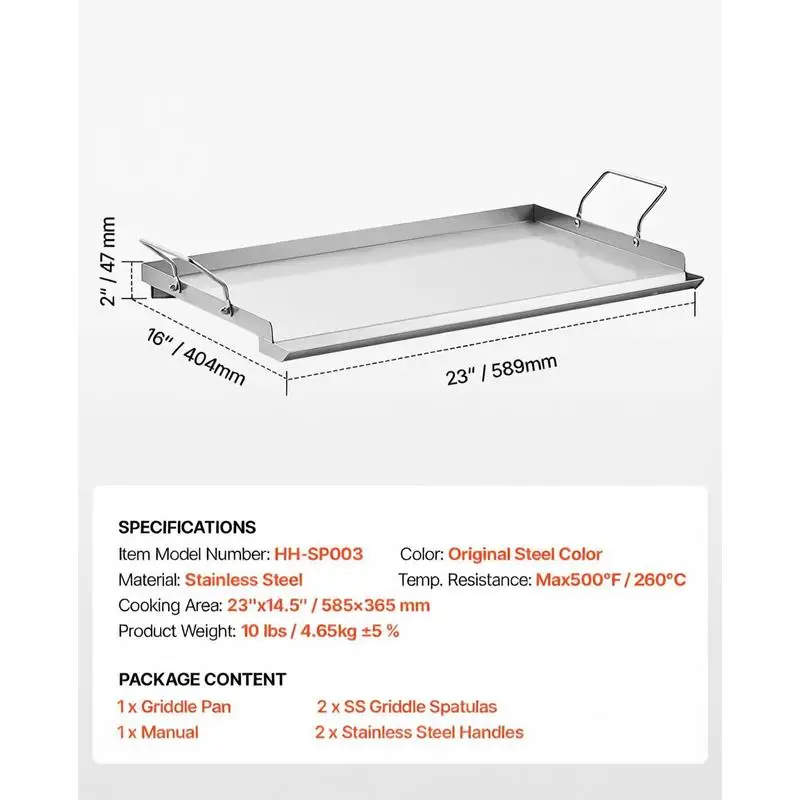Flat Top Grill Plate 23x16 inch For Camping Tailgating Party, Rectangular Griddle Surface Integrated Side Handles Gas Grill Accessory Professional Teppanyaki Cookware Large Cooking Area Outdoor Culinary Tool