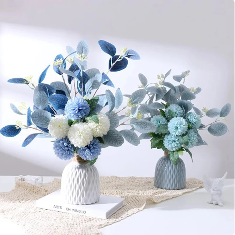 White Fake Flowers Blue Bouquet Hydrangea Artificial Flowers Chrysanthemum Silk Flowers Artificial for Decoration Flower