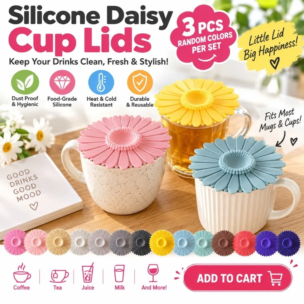3pcs Sunflower Silicone Cup Lid Heat Resistant Dustproof Daisy Silicone Mug Cover Leak Proof Reusable Sealed Lid Cup Cover