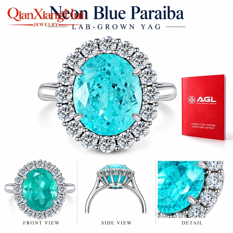 925 Sterling Silver 8x10mm Oval YAG Created Neon Blue Paraiba Tourmaline Ring, Moissanite Halo Eternity Band, Jewelry for Women