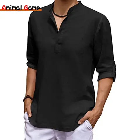 Nueva camiseta de lino de manga larga con cuello en V para hombre, camisa informal de gran tamaño de Color sólido, Camisa de algodón de talla grande, camisas con botones de Yoga para hombre