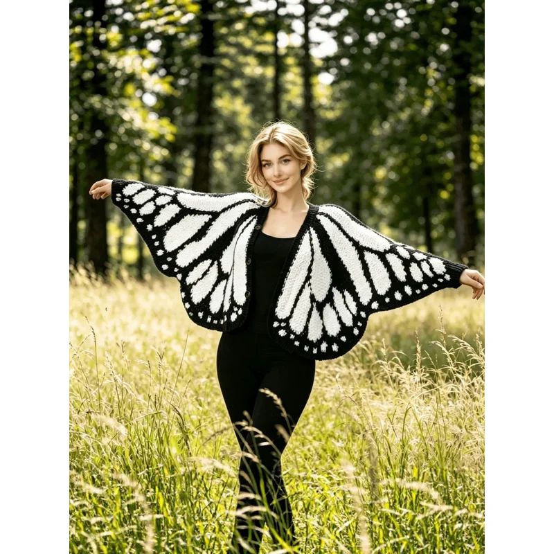 Women Butterfly Wing Knit Cardigan Open Front Button Black White Color Block Unique Crochet Oversized Knitted Shawl Coat Fashion