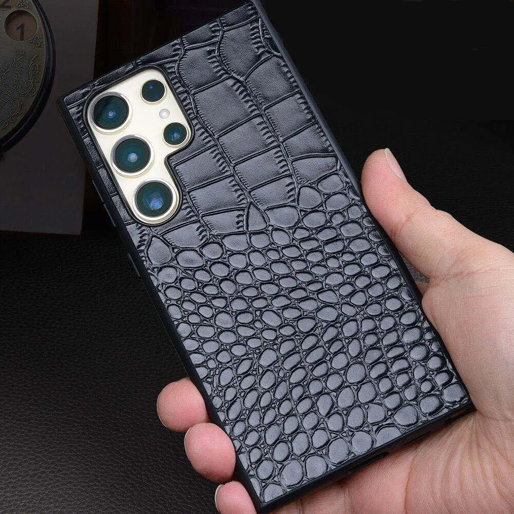 Genuine Cowhide Leather Crocodile Case for Samsung Galaxy S23 S24 S25 Ultra Business Back Cover