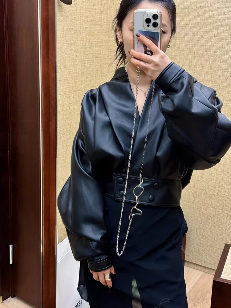 

Ladies' black PU leather jacket, retro stand-up collar, cinched waist, long-sleeved short coat, 2025 autumn/winter new style