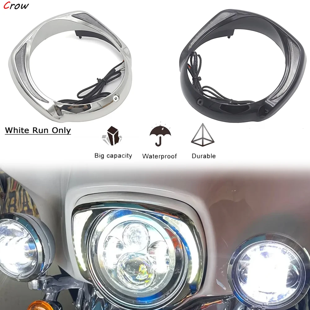 

With Amber Turn Signal LED Headlight Bezel Visor Trim Ring For Harley CVO Touring Electra Glide Street Glide Tri Glide 2014-Up