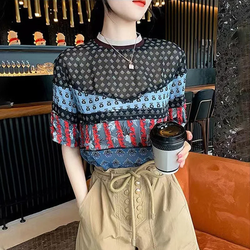 

Loose round Ne ort Sve Color Blo Chiffon irt Brand Tag Cut European Sle Commute Wind Straight Tube ape Summer Top