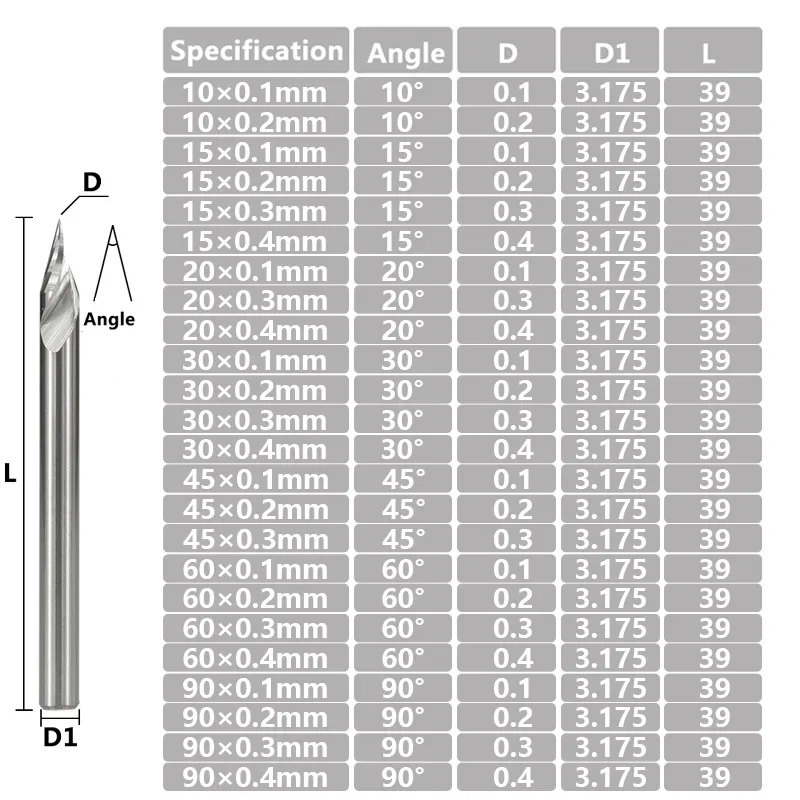 1pcs Engraving Bit 3.175mm（1/8”） Shank End Milling Cutter 20/30/45/60 Degrees Tip 0.1 0.2 0.3 0.4mm Carbide 3D Milling Bit