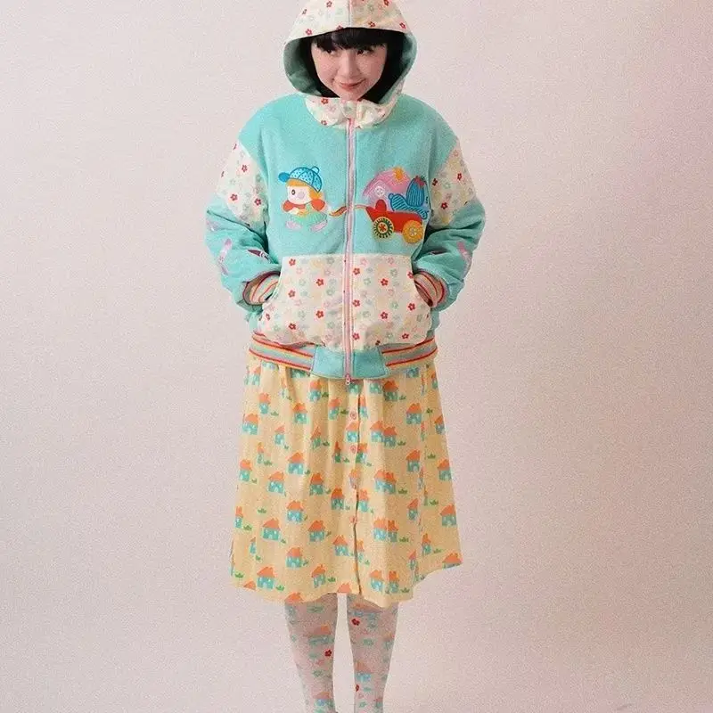 Y2k graffiti impressão casaco japonês kawaii retalhos moletom com capuz moda dopamina hoodie das mulheres doce harajuku jaqueta com zíper