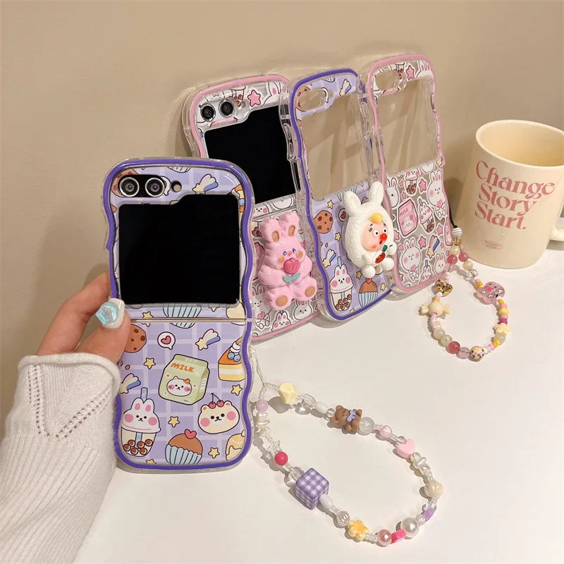 Cute Milk Tea Rabbit Phone Case for Samsung Galaxy Z Flip 3 Z Flip 4 Z Flip 5 Hard PC Back Cover for ZFlip5 Case Shell
