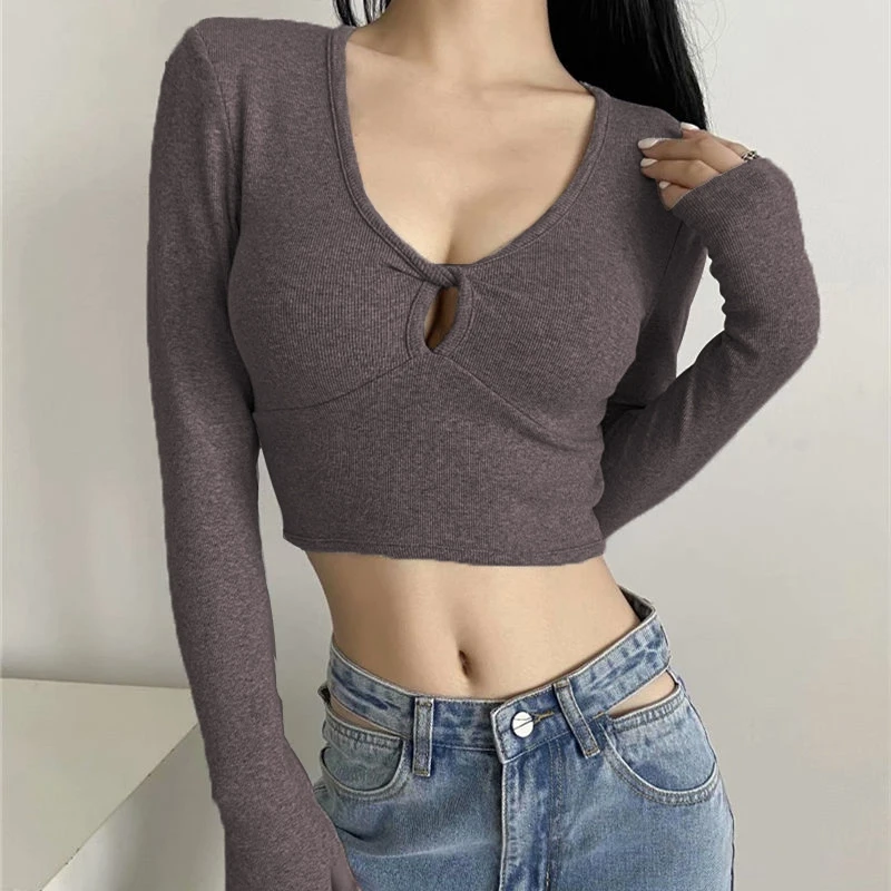 Autumn Winter Fashion Korean Style Lazy Style Solid Color Sexy Cross Design Exposed Navel Short Style V-Neck Long-Sleeved Top