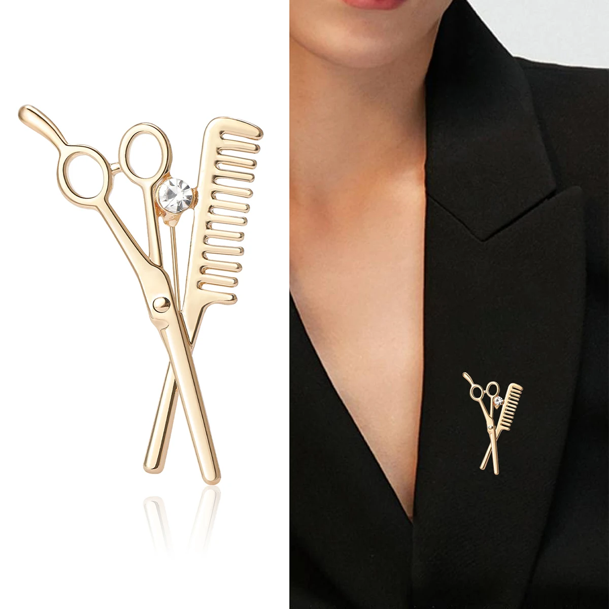 Beaut&Berry Classic Rhinestone Scissors Brooches for Women Comb Tool Pins Casual Party Accessories New Gifts Friends Decoration