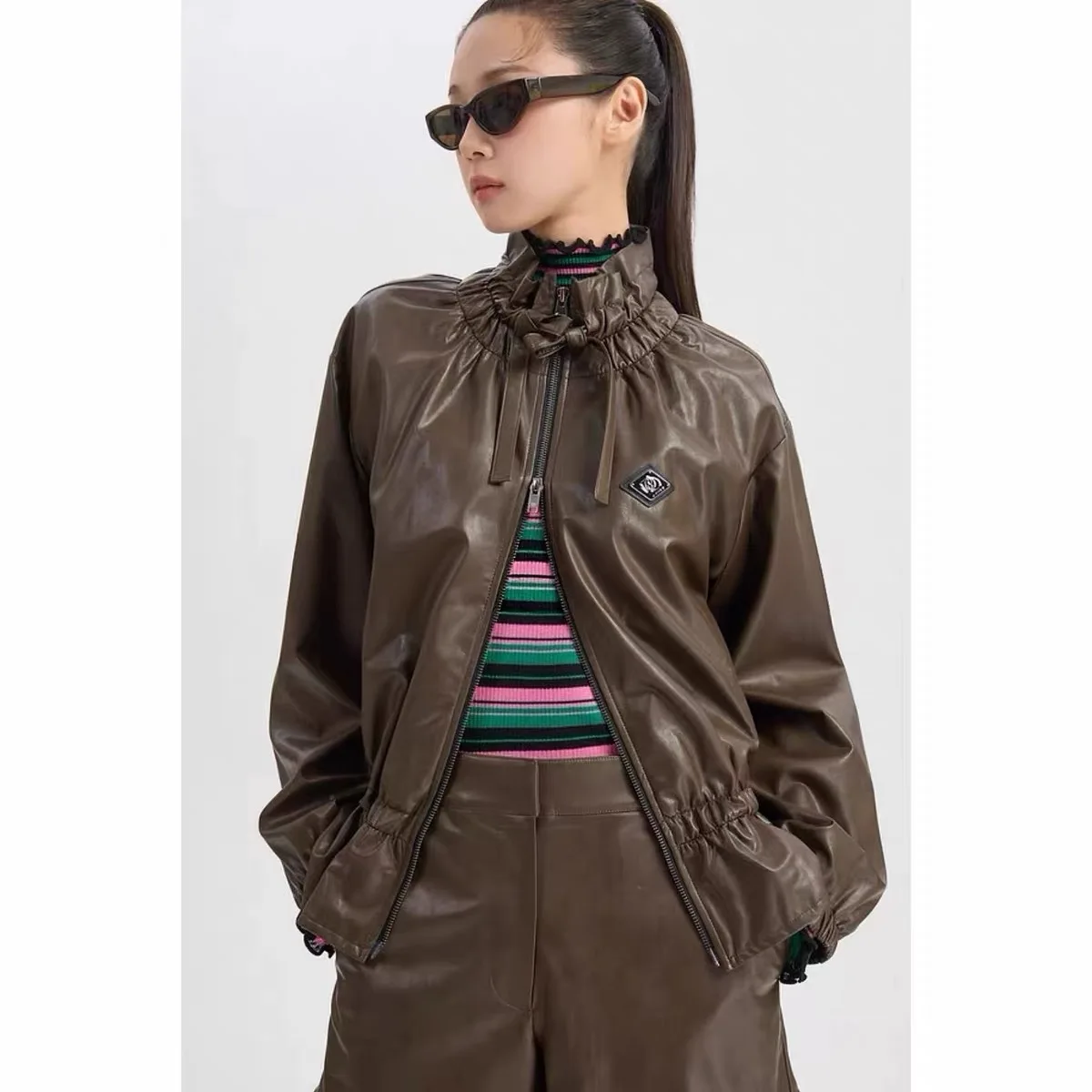 Lemon Cheese High Quality Autumn LUC26 Elegant Folded Collar Waist Cinched Slimming Bright PU Leather Jacket Outerwear
