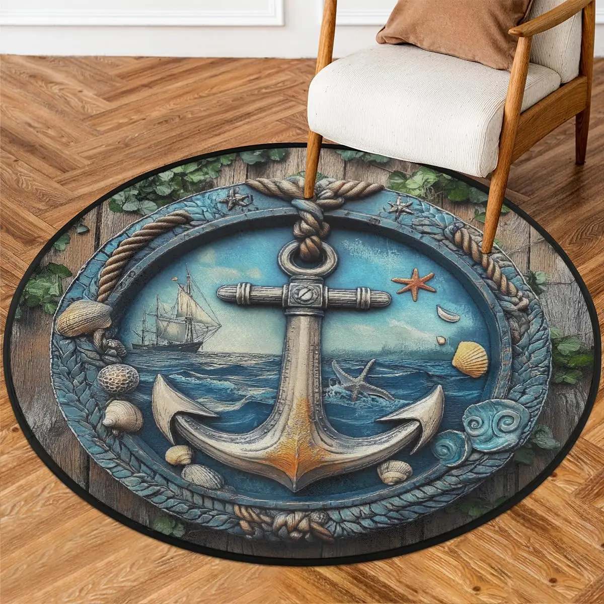 Decorative Nautical Anchor Ocean Round Area Rug Mat Polyester Coastal Marine Ship Sailing Floor Carpet Decor